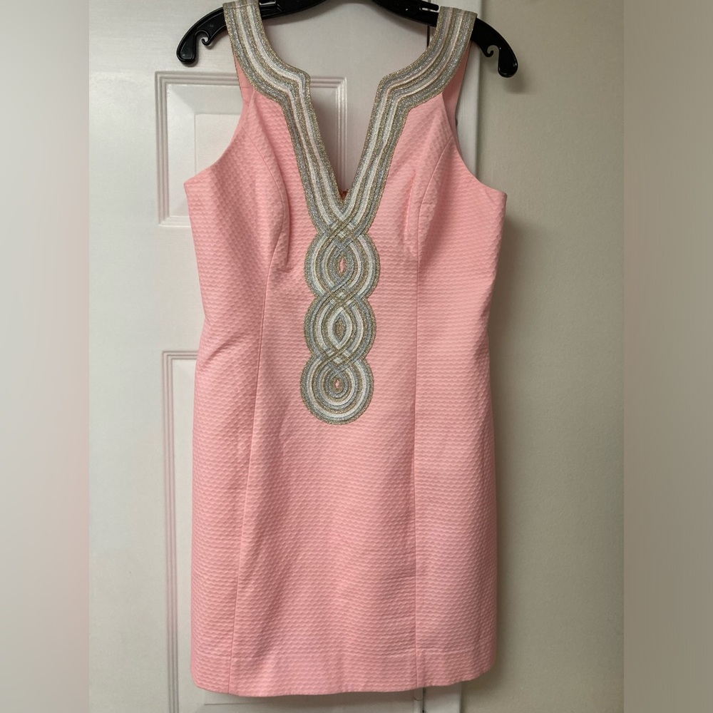 Lilly Pulitzer Valli Pink shift dress with Silver gold detailing sz 6